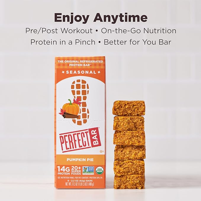 Perfect Bar Pumpkin Pie Protein Bar High Protein Organic Gluten Free Soy Free Non GMO No Sugar Alcohols 2.2 Ounce Bar 24 Count