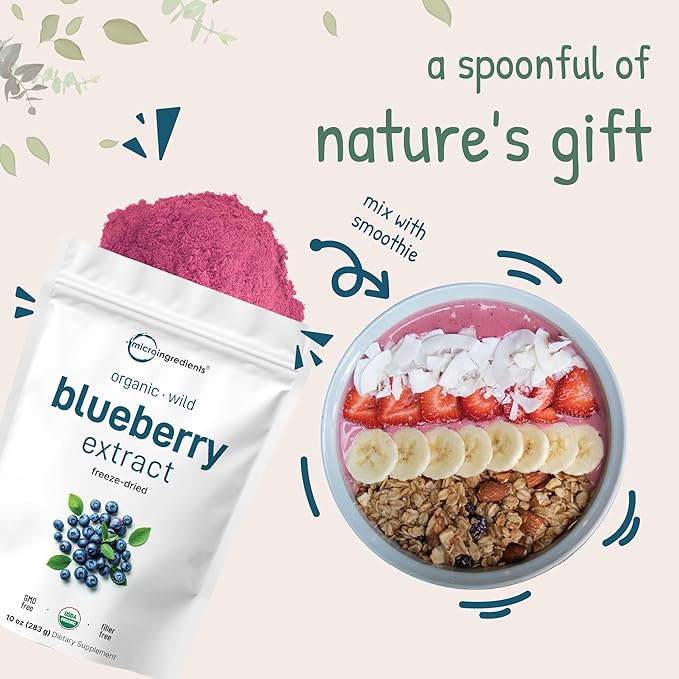 Organic Blueberry Extract Powder 10oz | 100% Natural Fruit Powder | Freeze-Dried Wild Blueberries Source | No Sugar &amp Additives | Great Flavor for Drinks Smoothie &amp Beverages | Non-GMO &amp