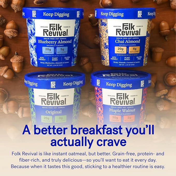 Folk Revival Keto Instant 'Oatmeal' Variety Pack - 20g of Protein Low Carb High Fiber 3 Blueberry 3 Maple Walnut 3 Chai Almond 3 Original - 12 Cups Per Case