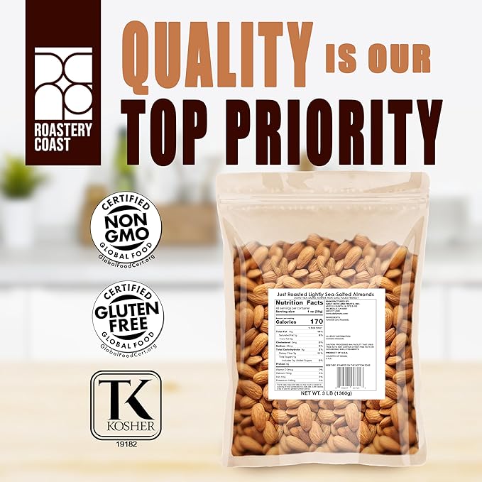 Roastery Coast - Just Roasted Almonds | 3 LB Bulk Daily Nuts | Keto Snack | Lightly salted | Plant Protein | Heart Healthy | Antioxidant | Gluten Free | Non-GMO Project Verified | Low sodium