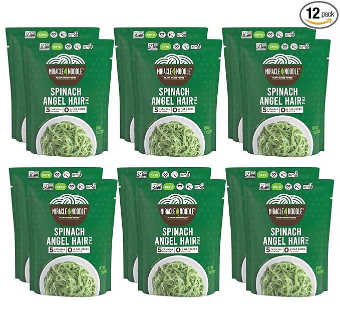 Miracle Noodle Ready to Eat Spinach Angel Hair Pasta 7 Oz (Pack of 12) Plant Based Shirataki Konjac Noodles 5 Calories 0g Net Carbs Per Serving Keto Gluten-Free