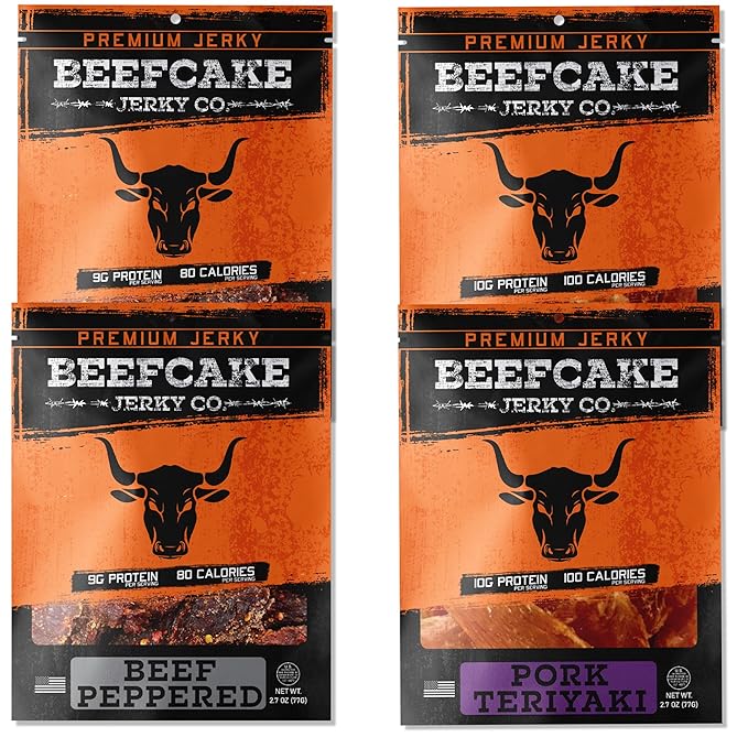 BEEFCAKE Jerky Pork Lover Variety Pack Beef Jerky Signature Beef Peppered &amp Asian-Style Pork Teriyaki Mix 9 Gram of Protein and 100 Calories 2.7 Oz | Pack of 4