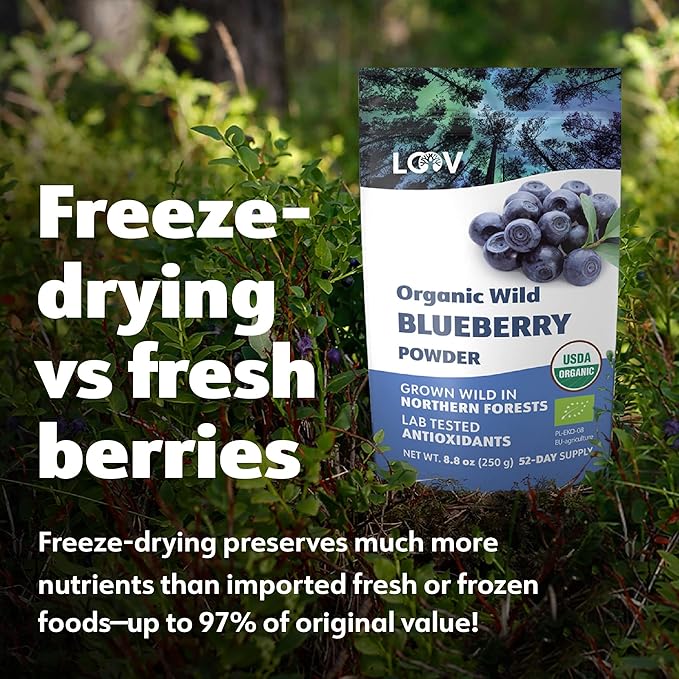 LOOV Organic Wild Blueberry Powder - 41-Day Supply 8.8 Oz Good for Smoothie &amp Breakfast Freeze-Dried from Northern Europe No Added Sugar