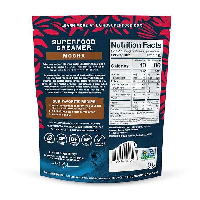 Laird Superfood Non-Dairy Coffee Creamer Mocha Shelf-Stable Superfood Non-Dairy Powder Creamer Gluten Free Non-GMO Vegan 16 oz. Bag Pack of 1