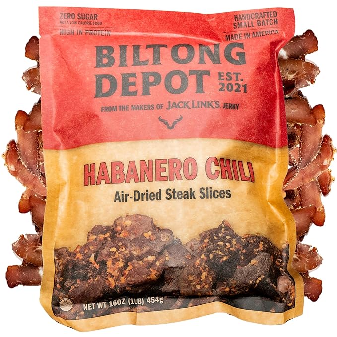 Biltong Depot Habanero Chili Biltong Slices - 1lb (16oz) | Air-Dried Beef Jerky Snack | High Protein | Paleo &amp Keto Friendly | Zero Sugar | Gluten Free | No Artificial Preservatives | No MSG