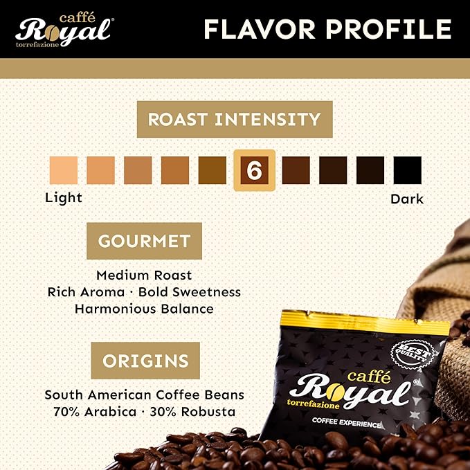 Royal Caffé Italian Coffee Beans – Gourmet Medium Roast 70% Arabica 30% Robusta Blend Balanced Sweetness and Intense Aroma Whole Bean 2.2 lbs (1000 Grams) Made in Italy