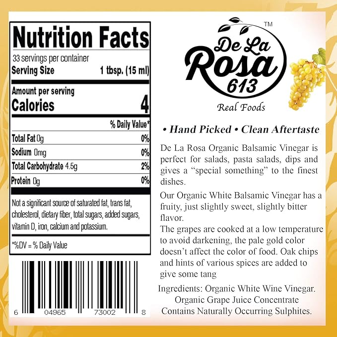 De La Rosa Organic White Balsamic Vinegar Kosher for Passover Vegan &amp Gluten-Free Great for Salad Dressing Marinades Organic Balsamic Vinegar 16.9 Oz (Pack of 2)