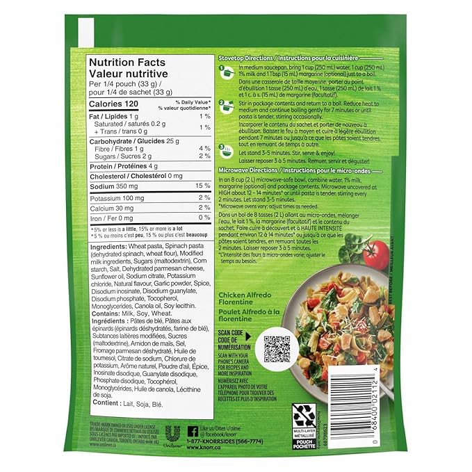Knorr Sidekicks Fettucine Alfredo Pasta 133g/4.7oz 8-Pack {Imported from Canada}