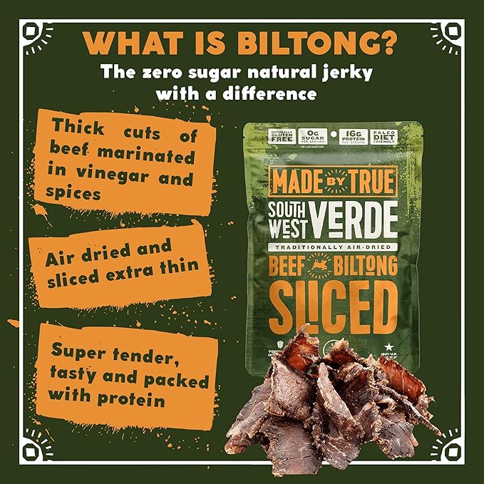 Made by True Beef Sliced Bites Southwest Verde (8 Ounce Pack of 1) - All Natural Zero-Sugar True Jerky Biltong - High Protein Keto Paleo &amp Whole 30 Diet - Sugar-Free Gluten-Free Carb-Free