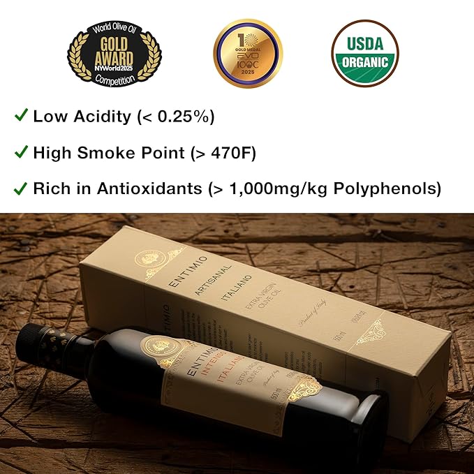Entimio Intenso Organic Italian Extra Virgin Olive Oil from Italy 1000+ mg/kg High in Polyphenols 2025 Gold Winner Puglia Early Harvest evoo Cold Extracted Lab Tested - 16.9 fl oz