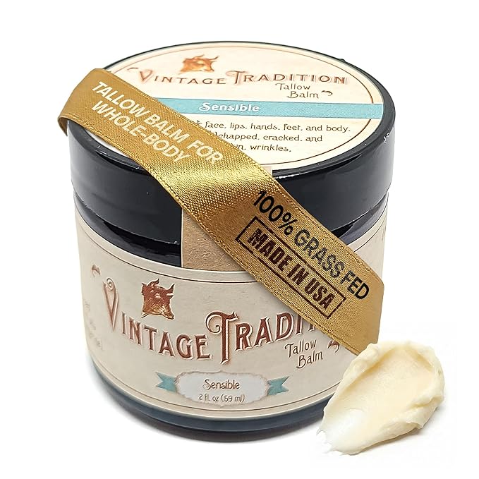 Vintage Tradition Beef Tallow All Purpose Balm - Healing Hydrating Luxurious Skin Care Salve Replaces Body Lotion Hand Cream More - Essential Oil Olive Oil and Grass-Fed Tallow 2 fl. oz.