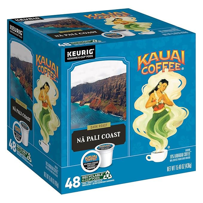 Kauai Coffee K-Cup Pods for Keurig Brewers – Arabica Coffee 10% Hawaiian – Dark Roast Nutty with Sweet Chocolate Overtones – Na Pali Coast 1 Pack of 48 Single Serve K-Cups