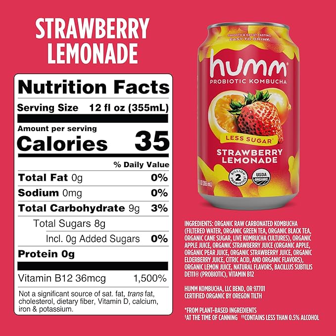Humm Kombucha Strawberry Lemonade Organic Vegan &amp GMO Free (12 Pack)