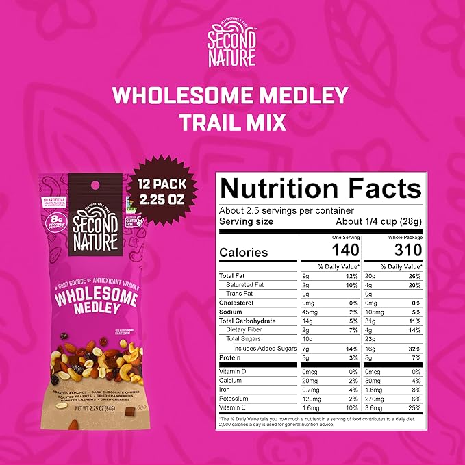 Second Nature Wholesome Medley Trail Mix - 12 Count 2.25 oz Individual Snack Packs Certified Gluten-Free – Dark Chocolate Dried Fruit and Nut Trail Mix Ideal for Travel Snacks