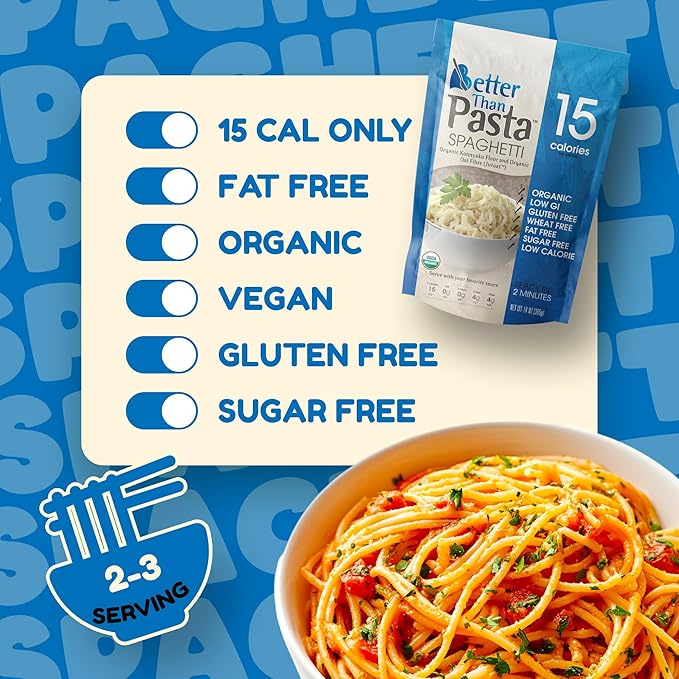 Better Than Pasta Organic Shirataki Spaghetti – USDA Organic Zero Net Carbs Keto &amp Diabetic Friendly Gluten-Free Low-Calorie Plant-Based Non-GMO No Odor Ready-to-Eat Konjac Noodles – 14oz