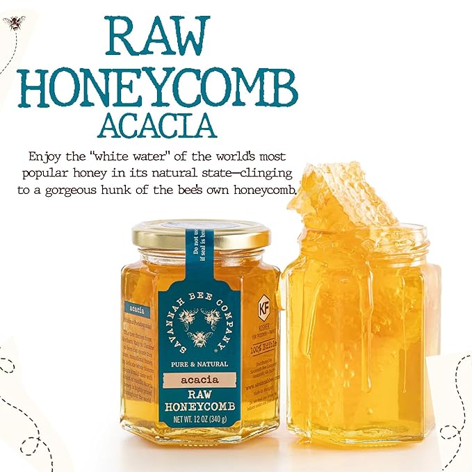 Savannah Bee Company Honey Comb Acacia Hex Jar - Glass Jar of Pure Acacia Honey