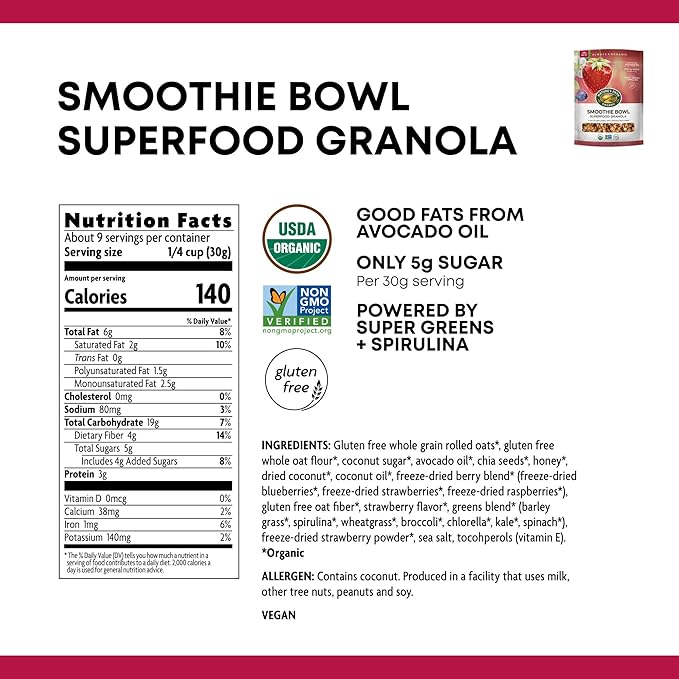 Nature's Path Organic Superfood Smoothie Bowl Granola 9.5 oz (Pack of 6) with Berries &amp Super Greens Gluten Free Non-GMO