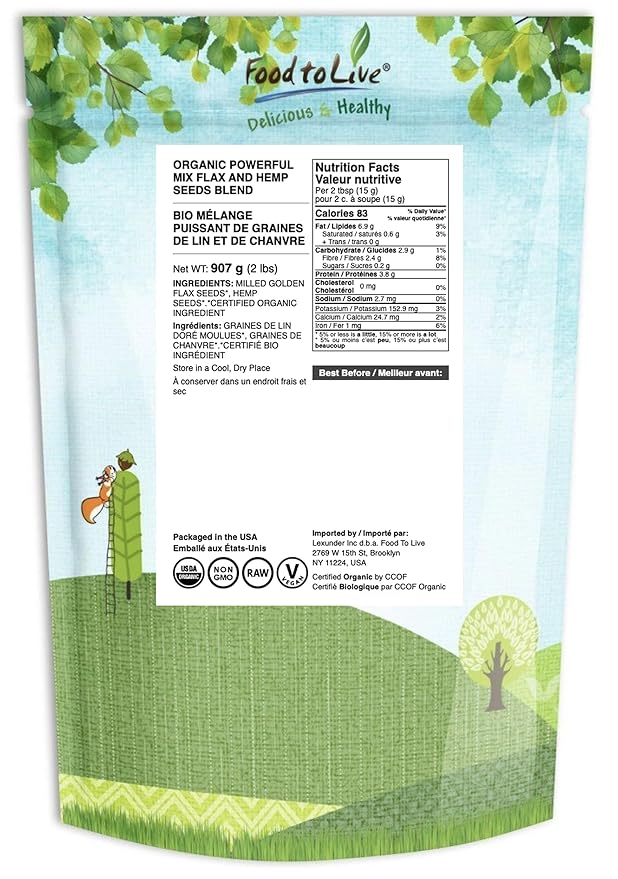 Food to Live - Organic Powerful Flax and Hemp Seeds Blend 2 Pounds — Non-GMO Mix of Raw Hemp Hearts and Cold-Milled Golden Flaxseeds Vegan Kosher