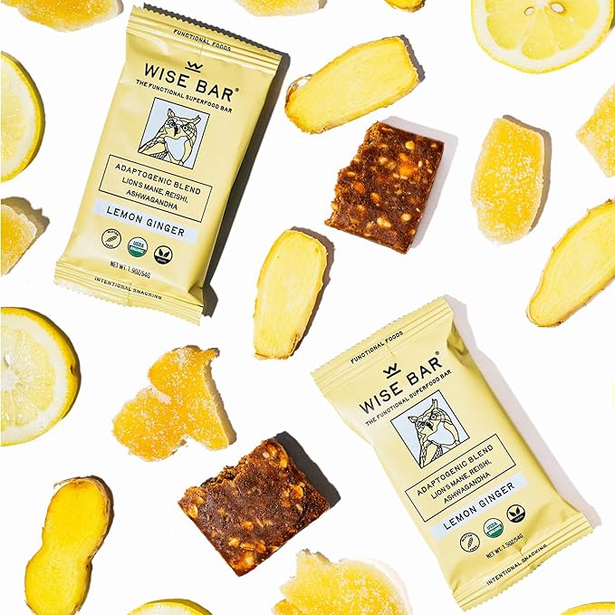 Wise Bar Adaptogen Mushroom Nutrition Bars with Reishi Lions Mane &amp Ashwagandha Organic Vegan &amp Gluten Free Snacks for Natural Focus Energy &amp Immunity Support Lemon Ginger Flavor 12 C