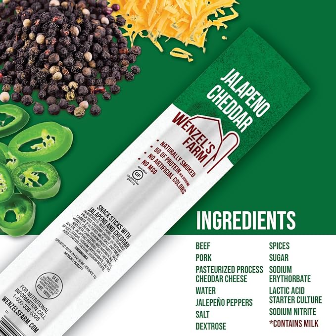 Wenzel’s Farm Jalapeno Cheddar Sticks │Snack Sticks │ Flavorful Naturally Smoked │ High Protein Low Carb │ No MSG Fillers Binders Artificial Colors │ Gluten Free | 32 sticks (16 packs of 2)