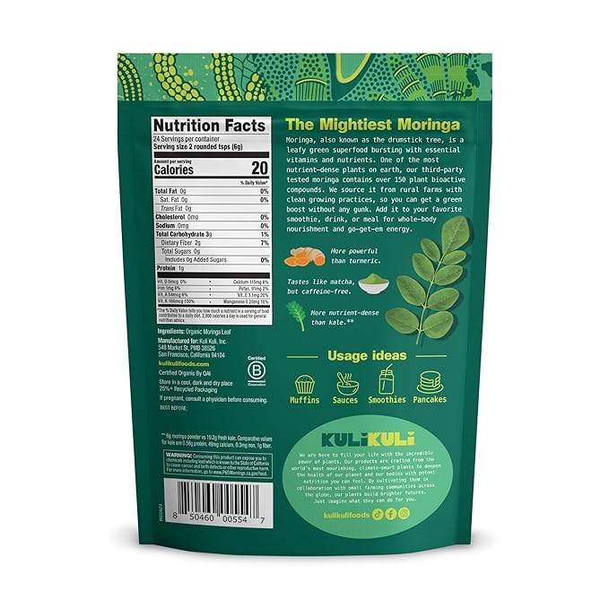 Kuli Kuli Moringa Oleifera Organic Leaf Powder &amp Green Smoothie 100% Pure USDA Certified &amp Non-GMO Moringa Powder Great with Smoothies Tea and Food - Single Pack 5 oz.