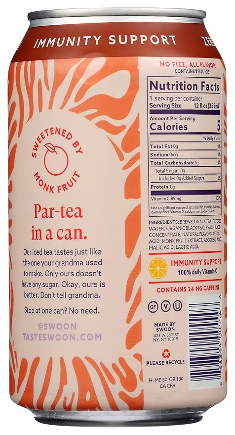 Swoon Peach Iced Tea Zero Sugar Gluten Free 12 Fluid Ounce (Pack of 12)