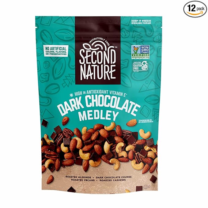 Second Nature Dark Chocolate Medley Trail Mix 4.5 oz. Resealable Pouch (Pack of 12) – Certified Gluten-Free Snack Mix – Dark Chocolate and Nut Trail Mix Ideal for Quick Travel Snacks or Lunch Snacks