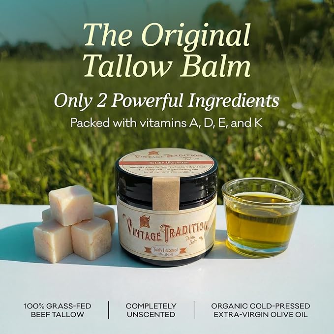 Vintage Tradition The Original Beef Tallow Balm for Skin Unscented All Purpose Tallow Face Moisturizer with Olive Oil 100% Grass Fed Non-Whipped Beef Tallow for Face Body Hands and Lips 2 fl oz