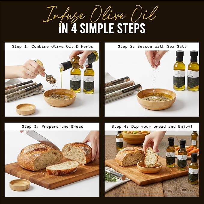Infused Olive Oil Gift Set – Variety Pack - 4 Flavored Olive Oil Extra Virgin 3 Spice Flavorful Infusion Blends Bread Dipping Bowl &amp Recipe Booklet - Set of 8 – Gourmet Cooking Gifts for Women -
