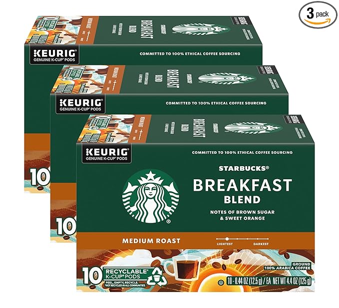 Starbucks Coffee K-Cup Pods Breakfast Blend Medium Roast Ground Coffee K-Cup Pods for Keurig Brewing System 10 CT K-Cup Pods Per Box (Pack of 3 Boxes)