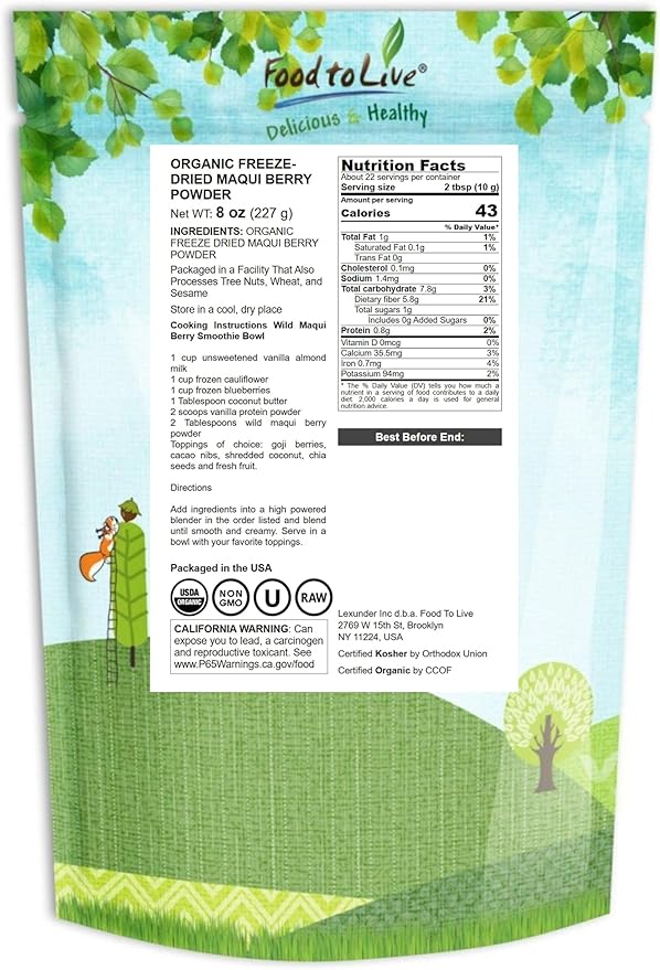 Food to Live Organic Freeze-Dried Maqui Berry Powder 8 Ounces — Non-GMO Raw 100% Pure Vegan Superfood No Added Sugar Bulk Rich in Iron Fiber and Antioxidant Great for Juices Drinks and Smoo