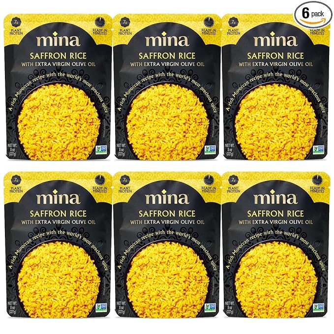 Mina Saffron Rice Yellow Rice With Extra Virgin Olive Oil Ready to Eat Rice Pilaf Side Dishes Microwave Rice Vegan Protein Non-GMO Gluten-Free Kosher 8 oz (Pack of 6)