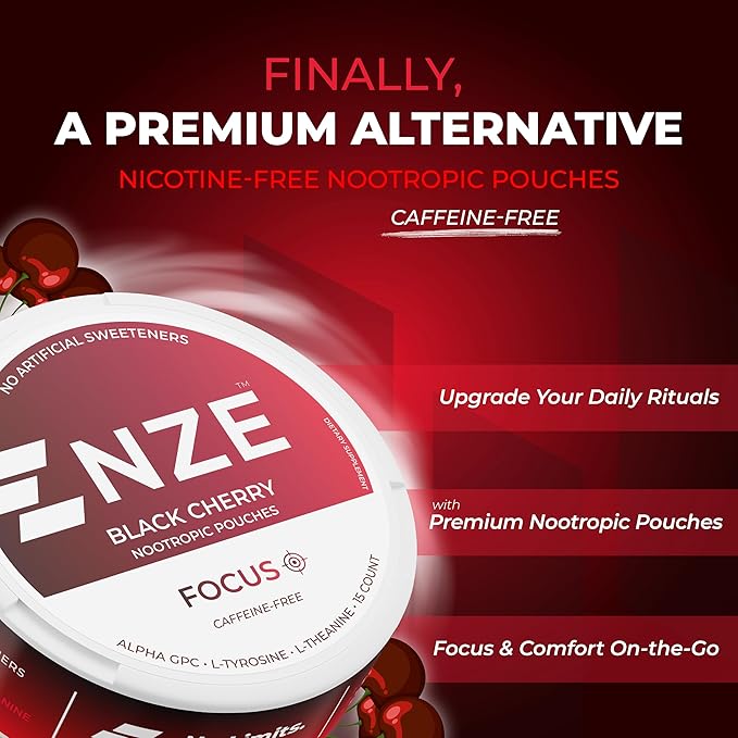 NZE Caffeine Free Nootropic Pouches (Black Cherry) - Nootropic Pouches with Alpha GPC L-Tyrosine &amp L-Theanine - No Sugar or Artificial Sweeteners - 15 Pouches Per Can - 5 Pack