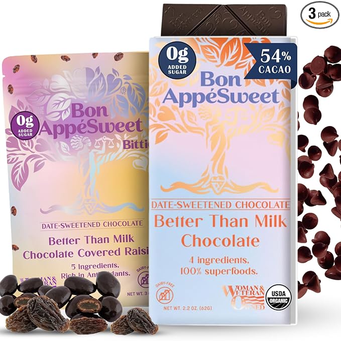 Bon Appesweet Date Sweetened Chocolate | Better Than Milk Chocolate Bar Chocolate Chip and Covered Raisins | Variety (Pack of 3) | Zero Added Sugar 54% Cacao Plant Based Dairy and Guilt Free!