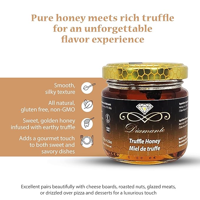 Diamante Italy Truffle Honey - Italian Luxurious Gourmet Flavored Honey with 3% Black Truffle - Ideal for Charcuterie Board &amp Cheese Plate - Non GMO &amp Made in Italy - 120g