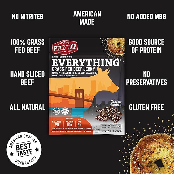 Field Trip Grass Fed Beef Jerky Healthy Gluten Free Snacks All Natural Paleo-Friendly Beef Jerky High Protein Low Carb Snack with No Nitrates 2.2oz Bag 4 Pack Everything Bagel