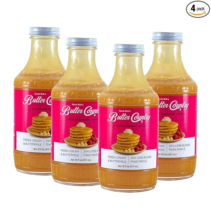 Butter Country Rich and Creamy Buttermilk Syrup | White Raspberry Flavor | Unique Gourmet Syrup for Pancakes Waffles &amp More | 16 fl oz/4 Pack