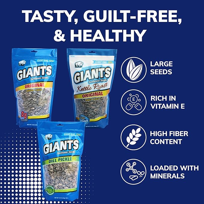 GIANTS Sunflower Seeds Variety Pack - Flavored Sunflower Seeds to Eat Dill Pickle Sunflower Seeds Kettle Roasted Original Flavor 8g Protein Per Serving - 12 oz Bags (Pack of 3)