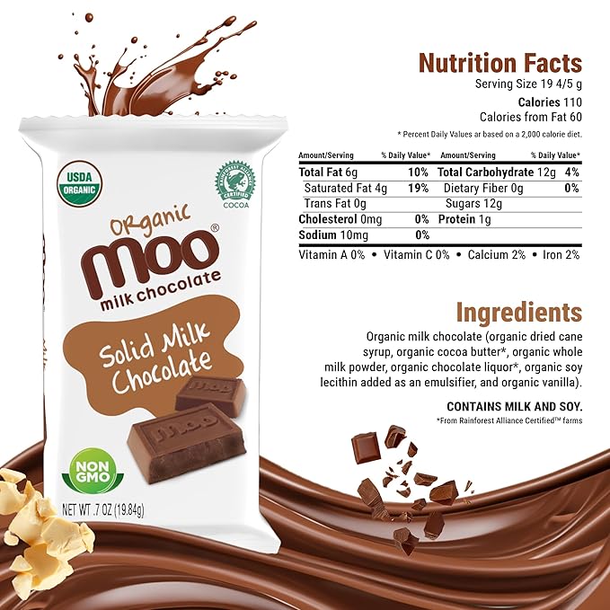 Moo Chocolates Organic Solid Milk Chocolate Mini Bars 0.7oz 28 ct (Pack of 2) | USDA Organic Non-GMO | 110 Calorie Snacks for On-the-Go Lunchboxes Office
