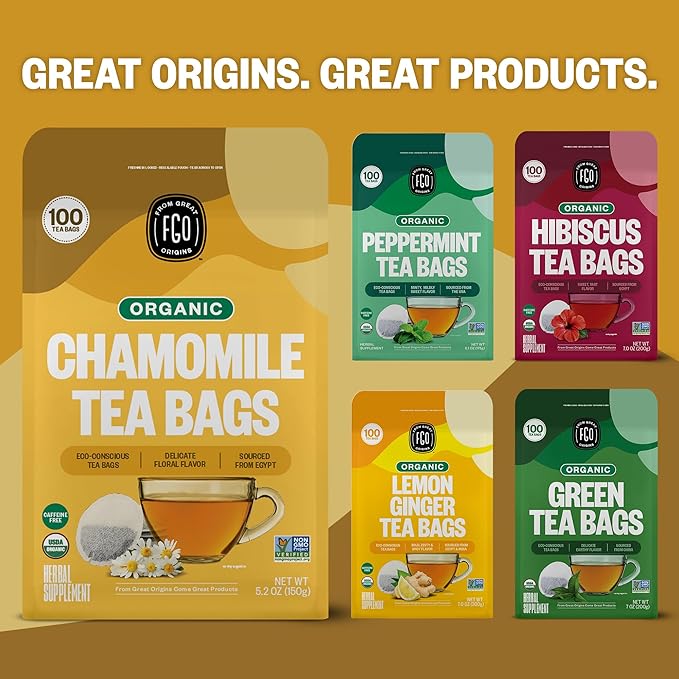FGO Organic Chamomile Tea 100 Eco-Conscious Tea Bags Caffeine Free Resealable Bag Packaging May Vary (Pack of 1)