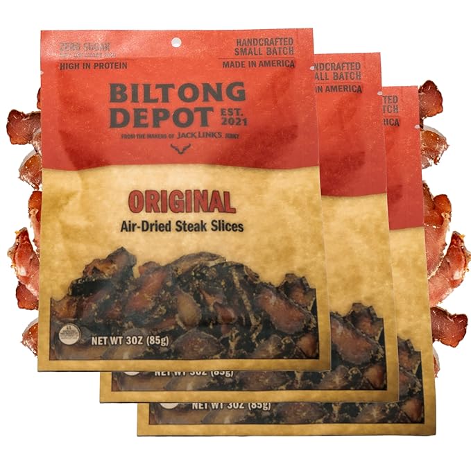Biltong Depot Original Lean Biltong Slices Bundle - 3oz (3 Pack) | Air-Dried Beef Jerky Snack | High Protein | Zero Sugar | Keto &amp Paleo Friendly | Gluten Free | No Artificial Preservatives | No M