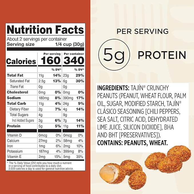 Snak Club Tajin Crunchy Peanuts Nuts with Chili and Lime Seasoning Mild 2.25 oz Snack Bags 12 Pack