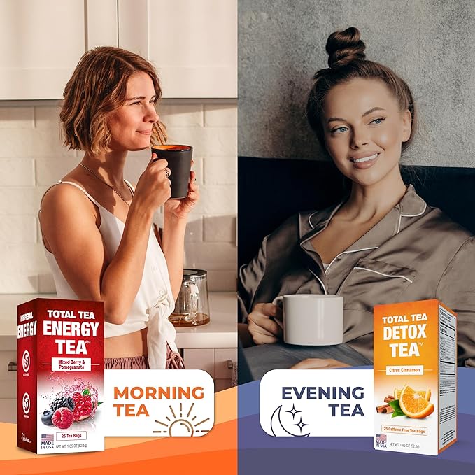 Total Tea SIimming Detox Tea Caffeine Free - 25 Day Detox - Herbal Tea with Chamomile Hibiscus Tea &amp Ginger Root for Colon Cleanse – Natural Citrus &amp Cinnamon Fruit Tea for Digestive Health