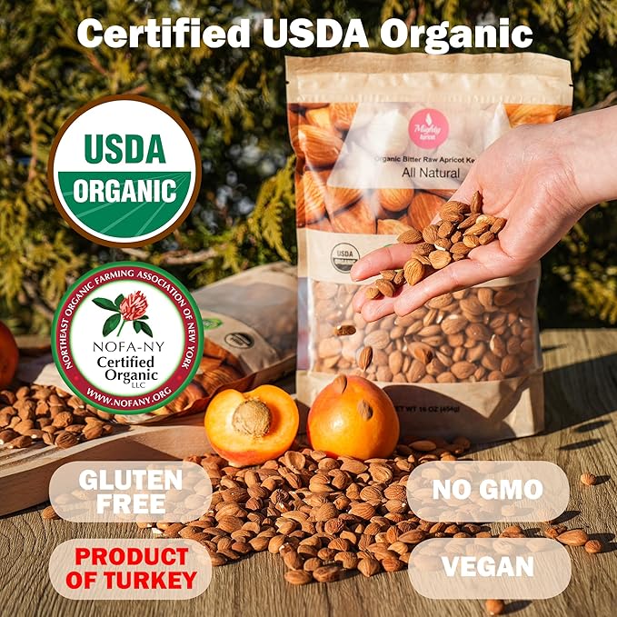 Mighty Apricot USDA Organic Bitter Apricot Kernels(1LB) 16oz Natural Raw Bitter Apricot Seeds Vegan Non-GMO Gluten Free Great source of Vitamin B17 and B15 Maximum 3 Kernels/day