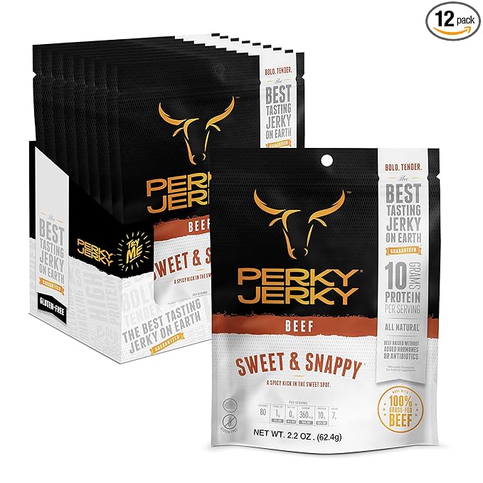 Perky Jerky Sweet and Snappy 100% Grass Fed Beef Jerky 2.2oz (Pack of 12) - Antibiotic Free - 10g Protein Per Serving - Low Fat - Tender Texture