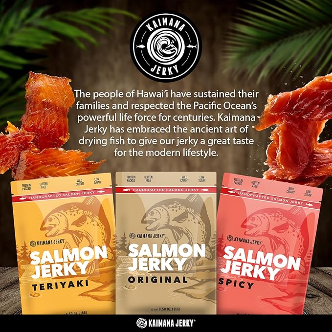 Kaimana Jerky Wild Caught Salmon Jerky - Organic Dried Fish Strips Rich in Omega-3 &amp Protein Low-Calorie Gluten-Free Low Sodium &amp Sugar - Original Teriyaki &amp Spicy Flavors - 9 Pack (0