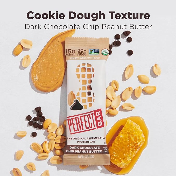 Perfect Bar Protein Bars Dark Chocolate Chip Peanut Butter Gluten Free Made with Organic Honey Cookie Dough Texture Refrigerated 2.3 Oz Bars 10 Count