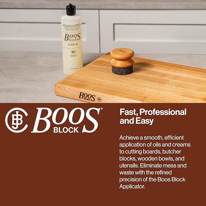 John Boos 2-Piece Care Set 16 oz Mystery Oil &amp Round Beechwood Applicator - All-Natural Maintenance Formula for Butcher Blocks Cutting Boards Wooden Countertops &amp Wood Utensils