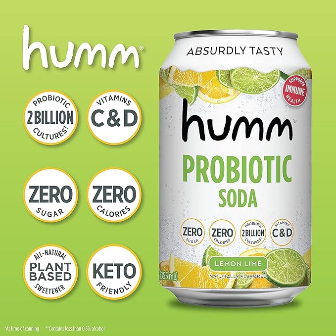 Humm Sparkling Probiotic Lemon Lime Soda Zero Sugar Zero Calorie 2 Billion Probiotics Vitamin C D and B12 12 fl oz (Pack of 12)