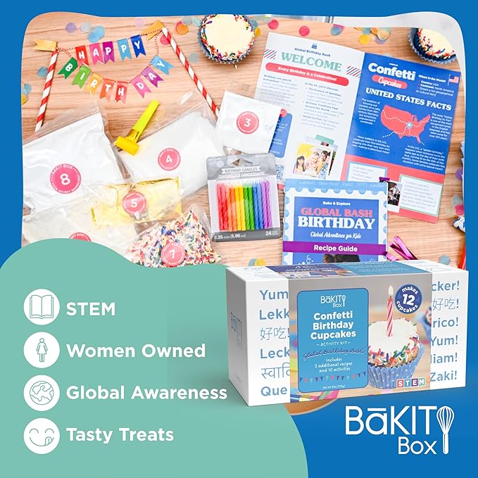 BāKIT Box Confetti Cupcakes Birthday Kit for Kids – Global Celebration Baking Kit – Cupcake Liners &amp Candles Included – STEM Birthday Activities – Ages 5–13